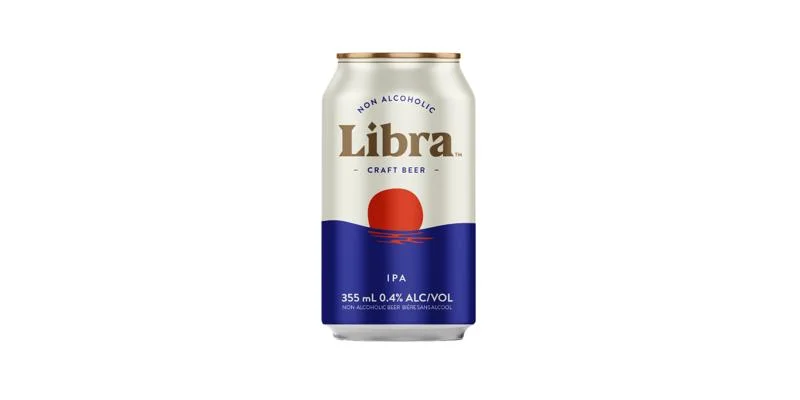 Libra IPA, a vibrant and refreshing non-alcoholic beer with tropical flavors and aromas, photographed against a plain background.