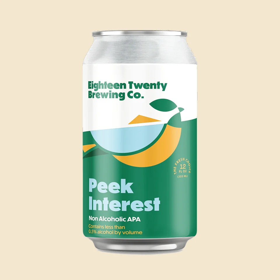 Peek Interest non-alcoholic beer by 1820 Brewing, featuring citrus and pine flavors in a refreshing alcohol-free brew.