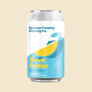 Wave Finder non-alcoholic India Pale Ale by 1820 Brewing featuring a bold blend of malted barley, wheat, and special hops for a crisp, clean finish