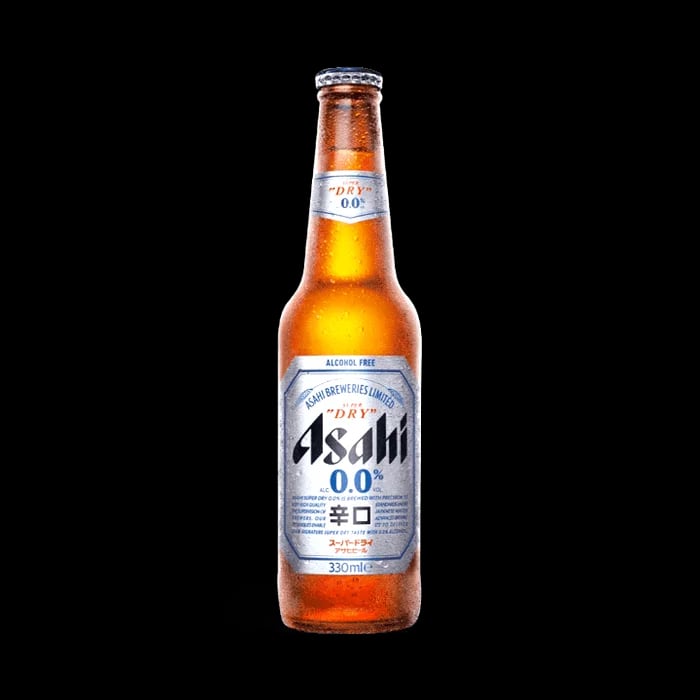 Asahi Super Dry 0.0 alcohol-free beer featuring crisp, super dry, refreshing non-alcoholic lager taste with low calories and 0.0 percent ABV