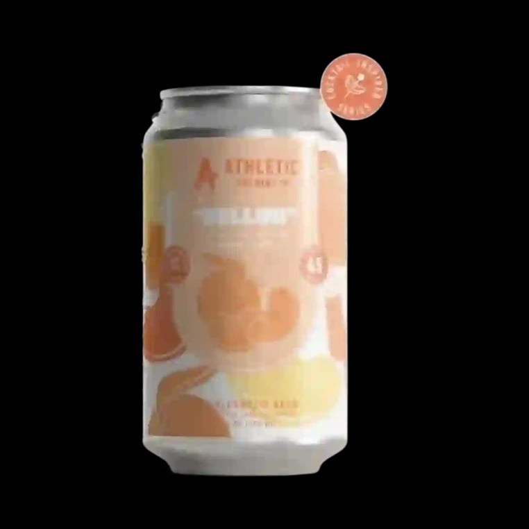 Bright and refreshing Bellini non-alcoholic beer by Athletic Brewing with peach-forward flavor and lively effervescence against a plain background