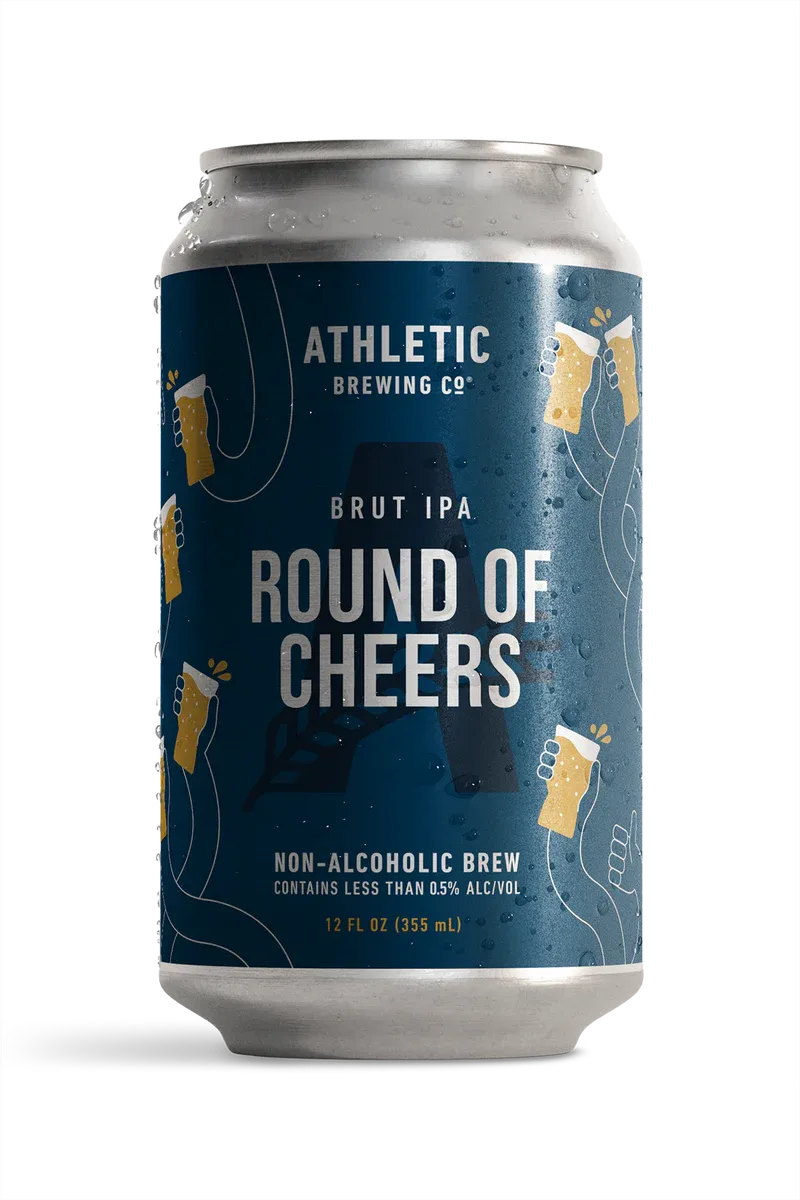 Athletic Brewing Round Of Cheers non-alcoholic brut-style IPA featuring bright aromas of fruit and wood with a crisp and effervescent finish