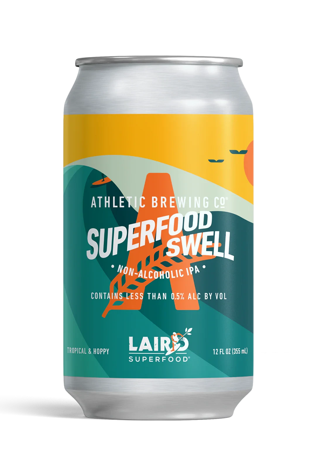 Superfood Swell non-alcoholic beer featuring tropical mango, pineapple, and coconut water flavors by Athletic Brewing Company