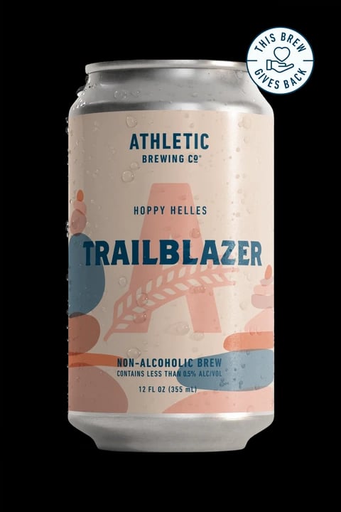 Athletic Brewing Trailblazer Hoppy Helles non-alcoholic beer featuring a hop-forward German-style lager with citrus and peach aromas