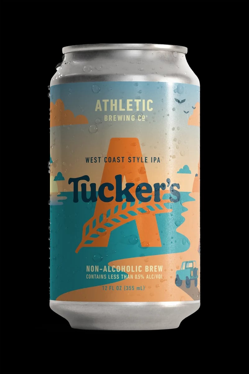 Tucker's West Coast IPA non-alcoholic beer featuring bright citrus, pine, and tropical fruit notes with a crisp, hoppy finish