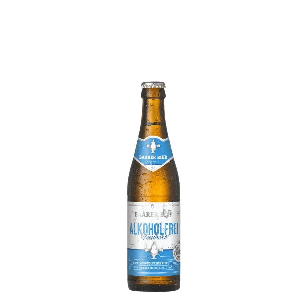 Baarer Alkoholfrei Feinherb non-alcoholic beer with subtle citrus and spicy notes, a light and refreshing zero-alcohol beer from Switzerland