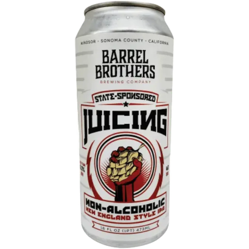 State Sponsored Juicing non-alcoholic beer from Barrel Brothers Brewing featuring vibrant tropical hop flavors and a signature hazy appearance