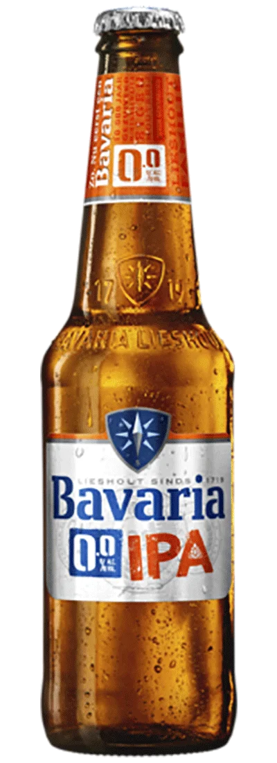 Bavaria 0.0 IPA non-alcoholic beer featuring fruity hop aroma and balanced bitterness in an alcohol-free IPA style