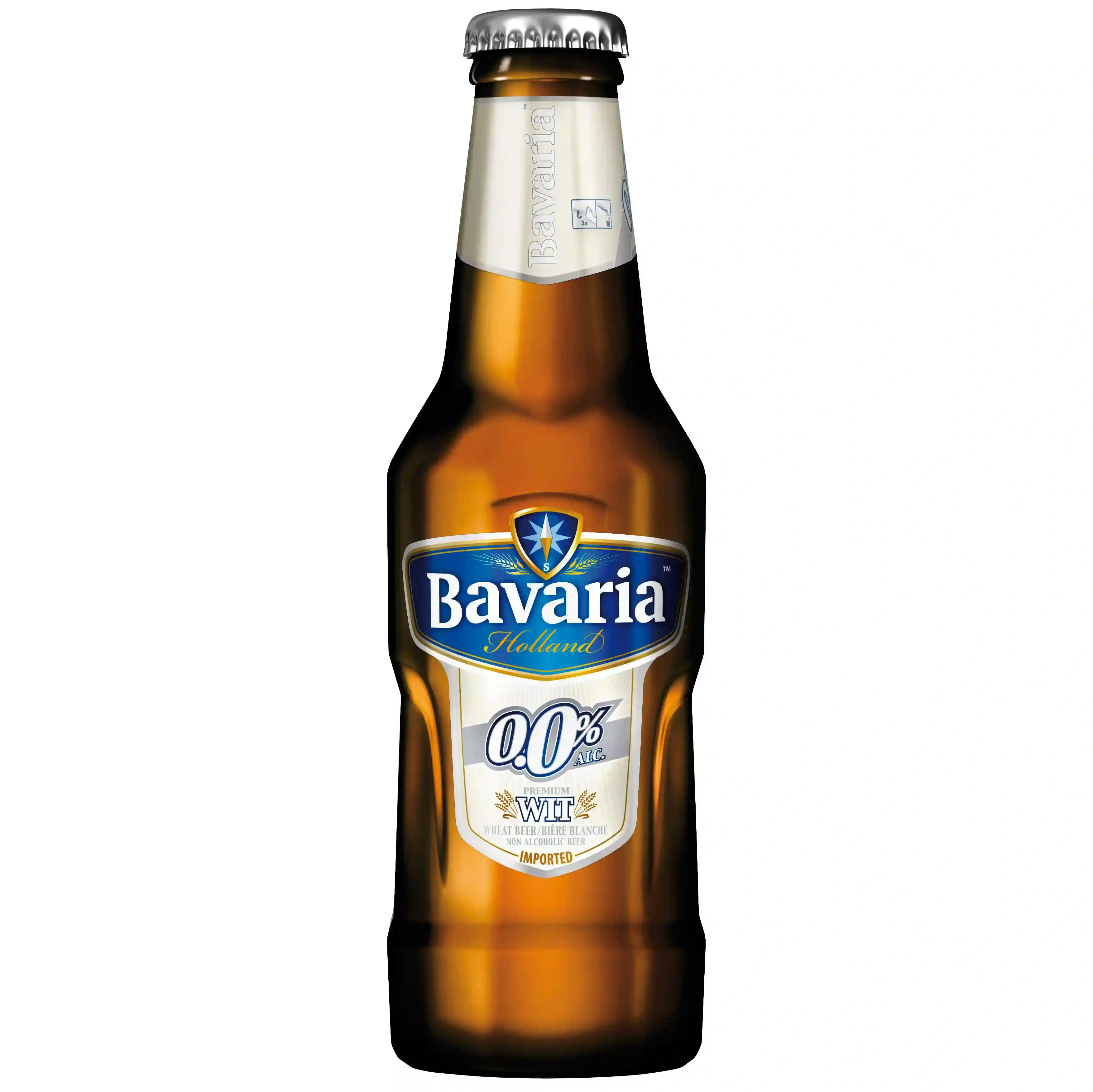 Refreshing Bavaria 0.0 Wit alcohol-free beer with cloudy wheat character and natural ingredients against a plain background