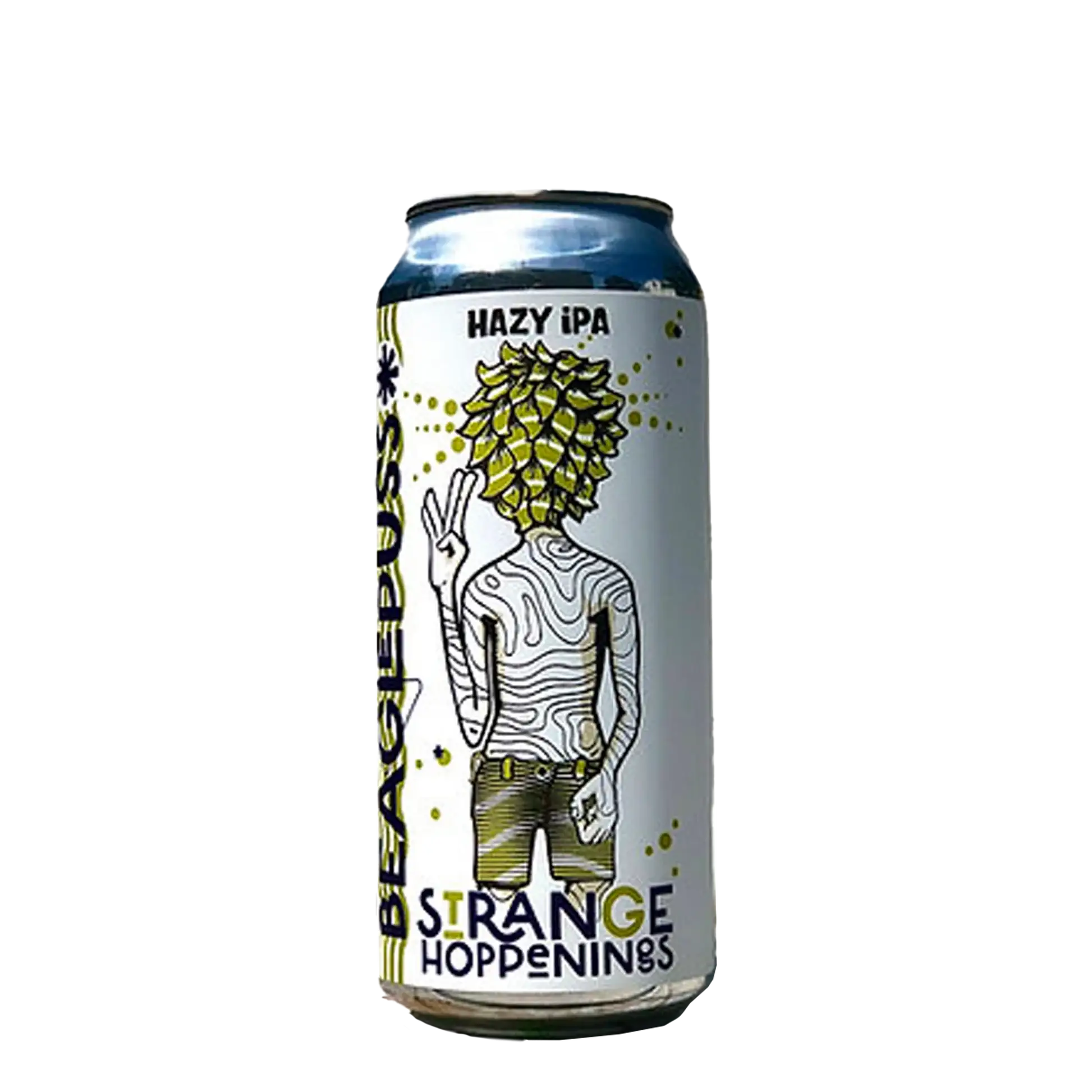 Strange Hoppenings Hazy IPA by Beaglepuss featuring vibrant hop aroma and intense flavor in a non-alcoholic beer format