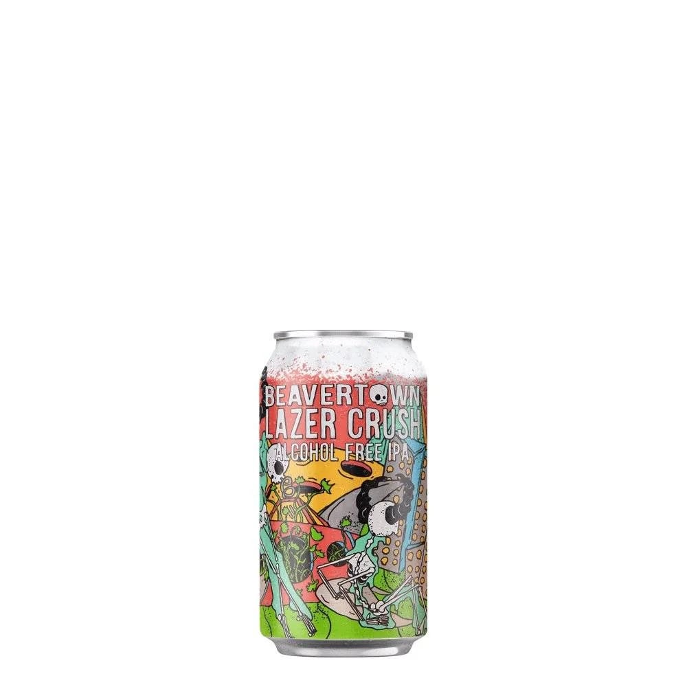 Beavertown Lazer Crush Alcohol-Free IPA showcasing vibrant tropical mango, peach, and grapefruit flavors with smooth malt body and pine hints