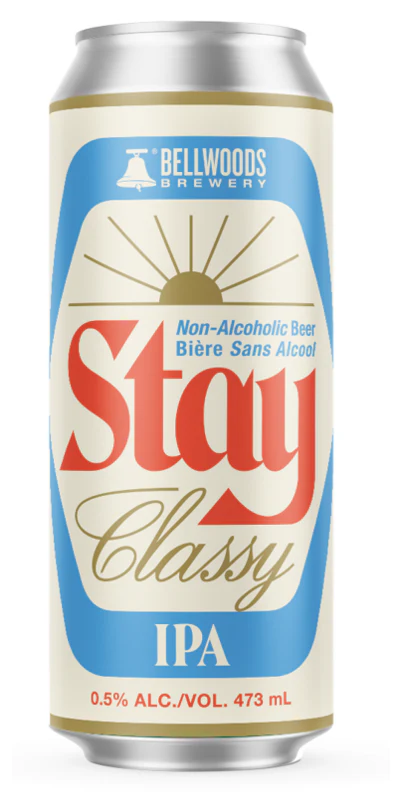 Stay Classy IPA by Bellwoods Brewery featuring a soft pale yellow body and pronounced hop aromatics in a zero-alcohol beer format