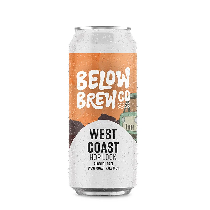 West Coast Hop Lock non-alcoholic beer featuring bold West Coast IPA hop flavors and modern, unique artwork on a plain background.