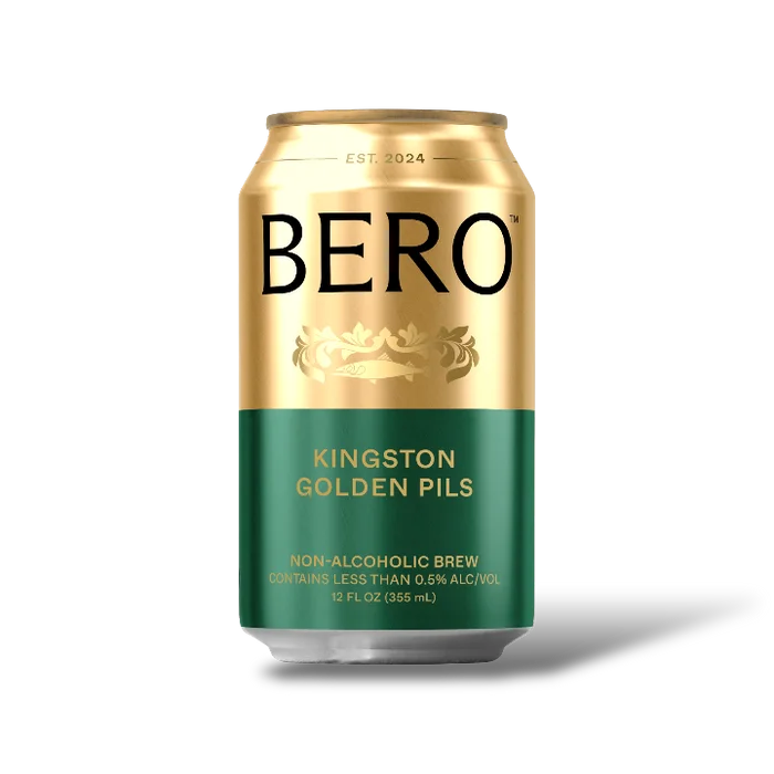 Image of Bero Kingston Golden Pils non-alcoholic beer featuring a deep golden hue and balanced pilsner style on plain background.