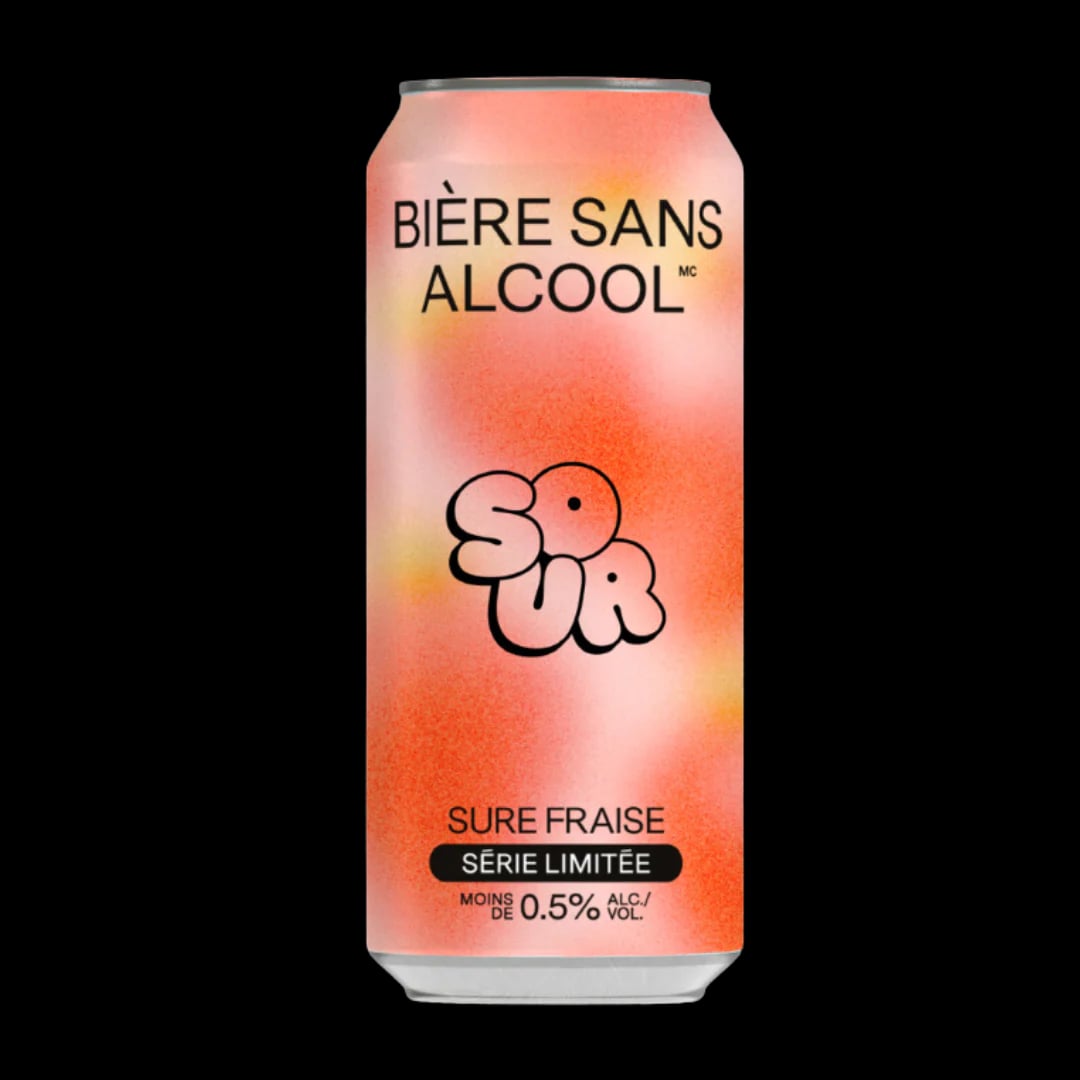 Bière Sans Alcool Strawberry Sour alcohol-free beer featuring bright strawberry flavor with a smooth and tangy finish against a plain background