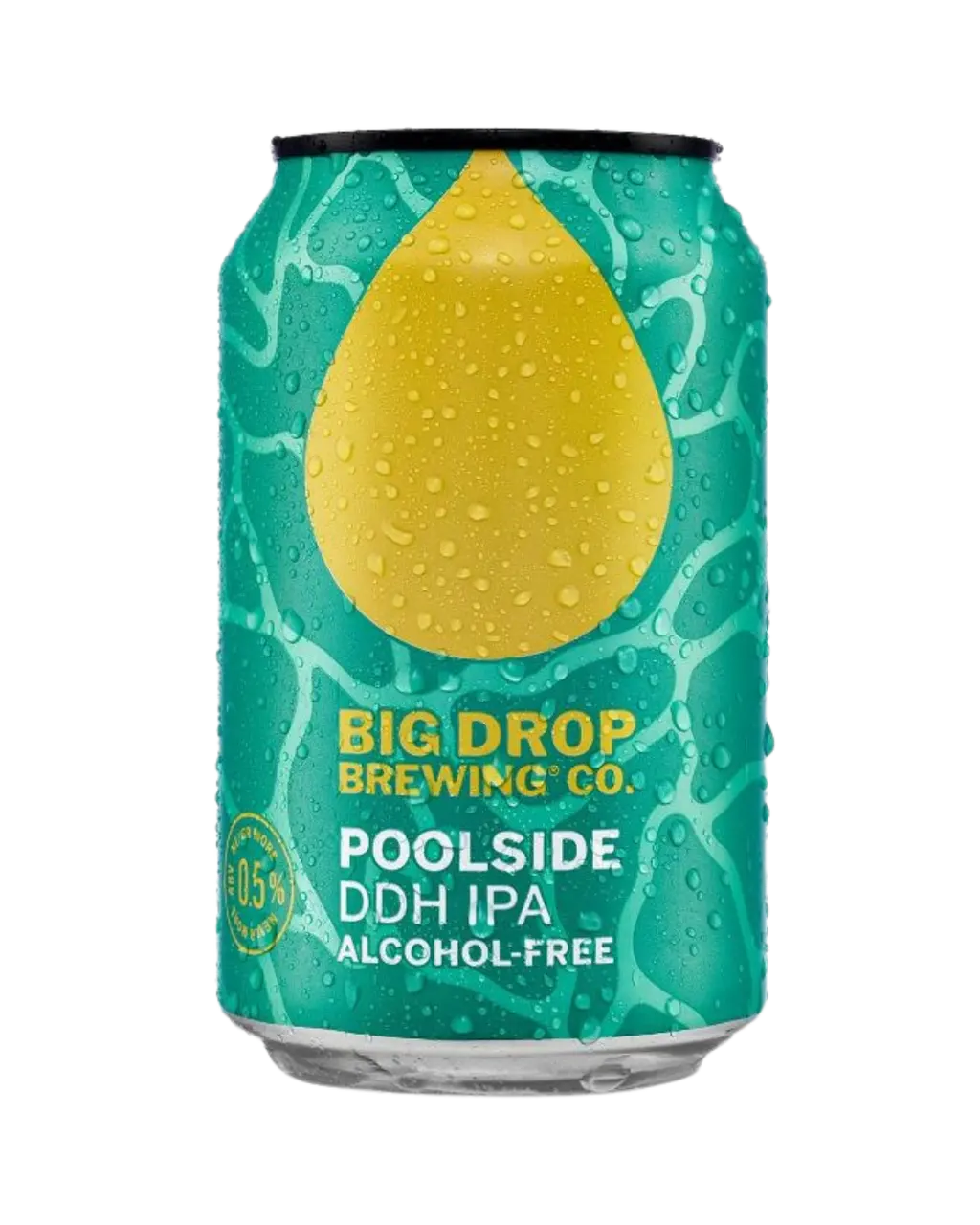 Big Drop Poolside DDH IPA non-alcoholic beer featuring tropical fruit aroma and soft haze with a bold hop-forward profile