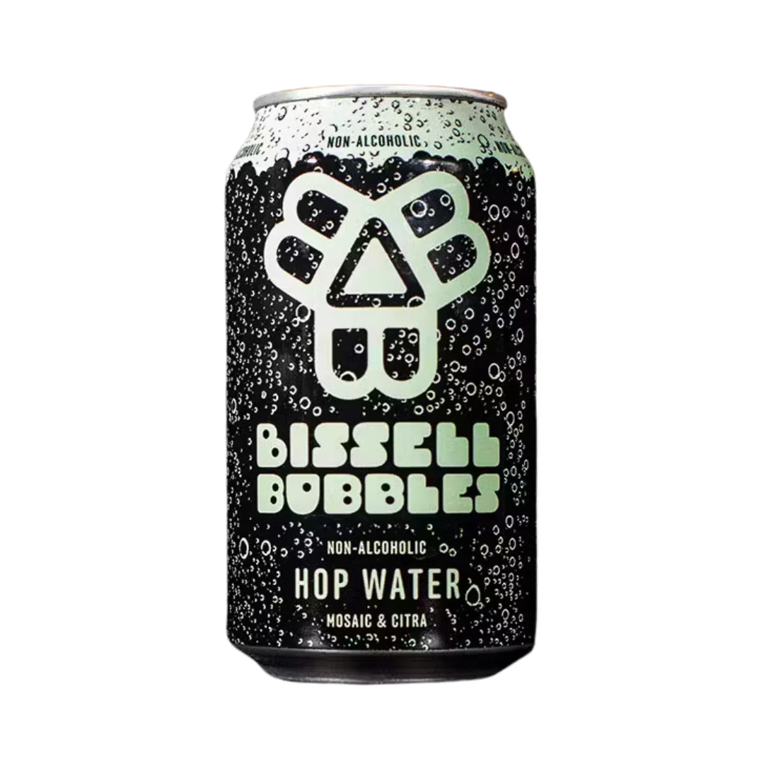 Bissell Bubbles Hop Water showcasing sparkling, hop-infused alcohol-free beverage made with Sebago Lake water and Mosaic and Citra hops