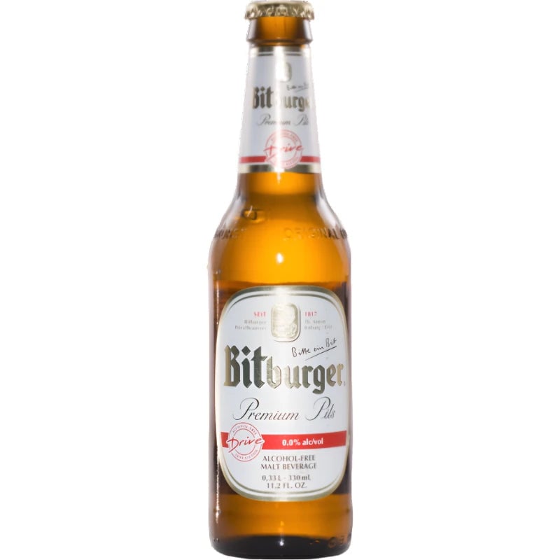 Refreshing Bitburger Drive 0.0 non-alcoholic beer showcasing a natural straw-gold color with fine white foam and premium German brewing quality