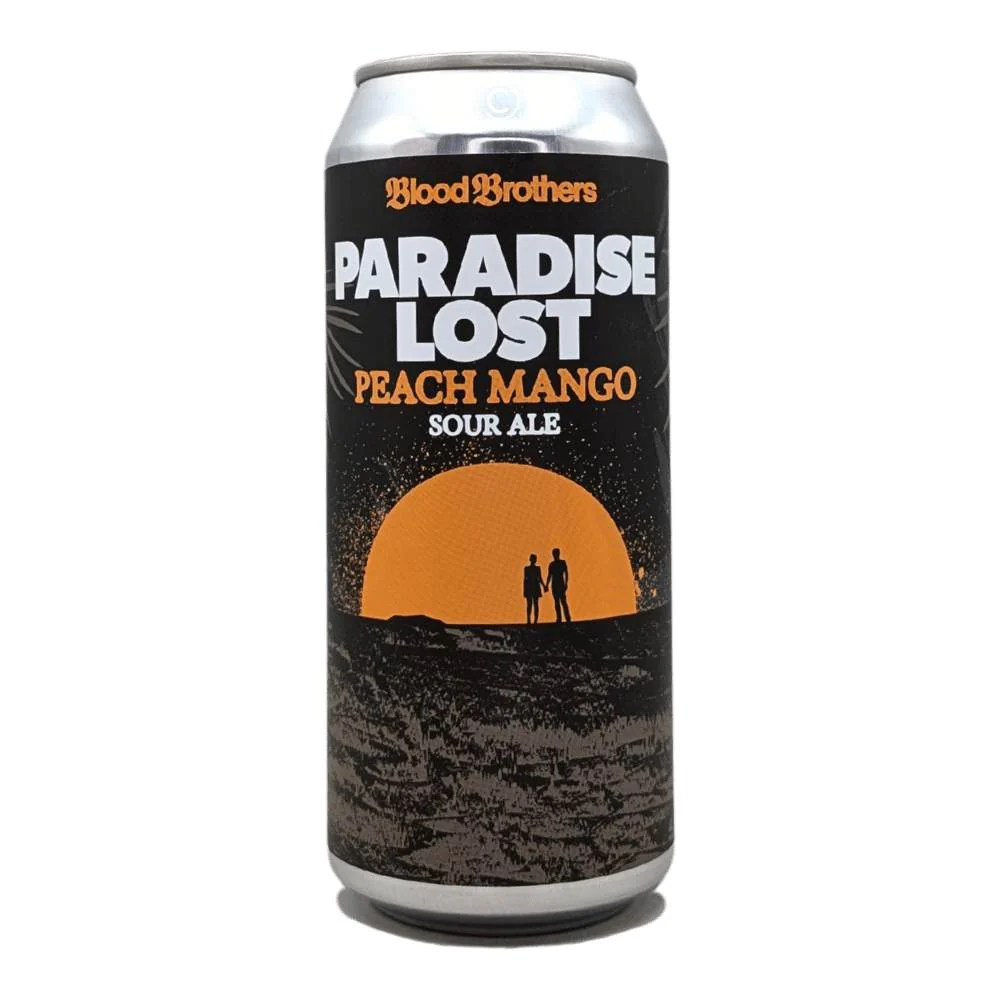 Paradise Lost Peach Mango by Blood Brothers Brewing non-alcoholic sour ale featuring tropical mango and peach with vanilla cream flavor