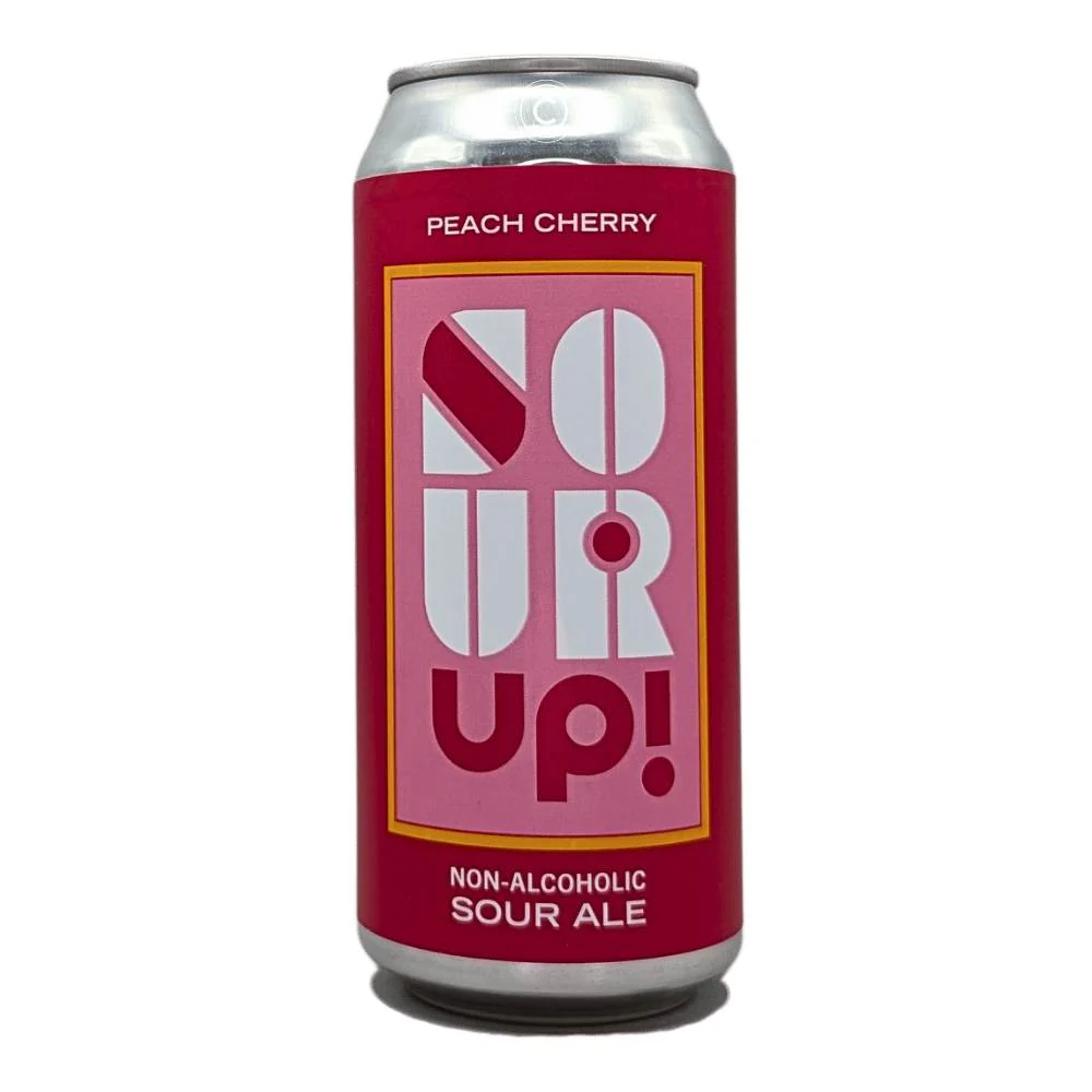 Blood Brothers Brewing Sour Up non-alcoholic sour ale featuring vibrant peach and cherry orchard fruit flavors with balanced tartness and sweetness