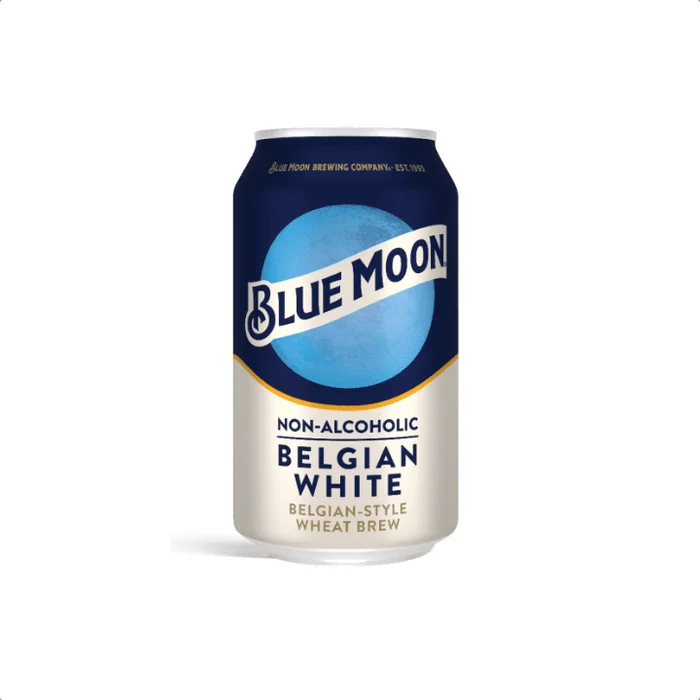 Blue Moon Belgian White Non-Alcoholic beer showcasing its citrus and coriander brewed wheat style with under 0.5% alcohol and 80 calories.