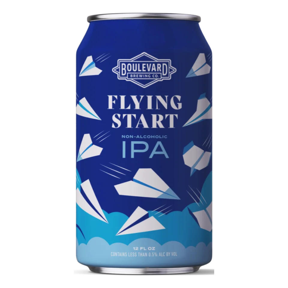 Boulevard Brewing Flying Start non-alcoholic IPA featuring a vivid hop aroma and crisp finish, perfect for alcohol-free beer enthusiasts.