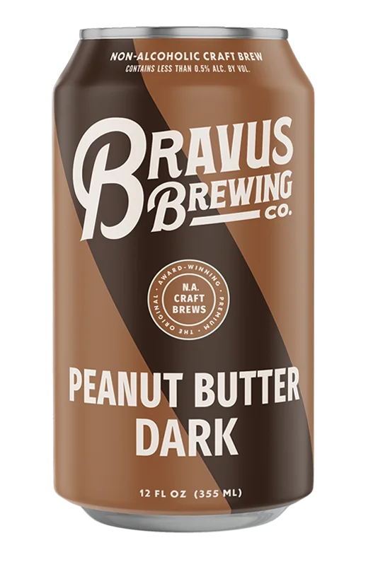 Bravus Brewing Peanut Butter Dark non-alcoholic stout style craft beer featuring rich nutty and chocolate flavors