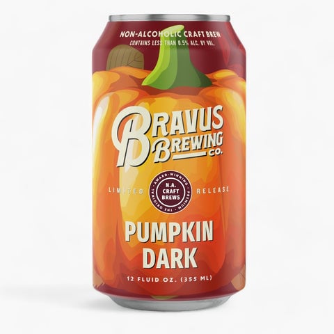 Pumpkin Dark non-alcoholic beer by Bravus Brewing featuring rich dark malts and warm autumn spices in a zero-alcohol craft brew
