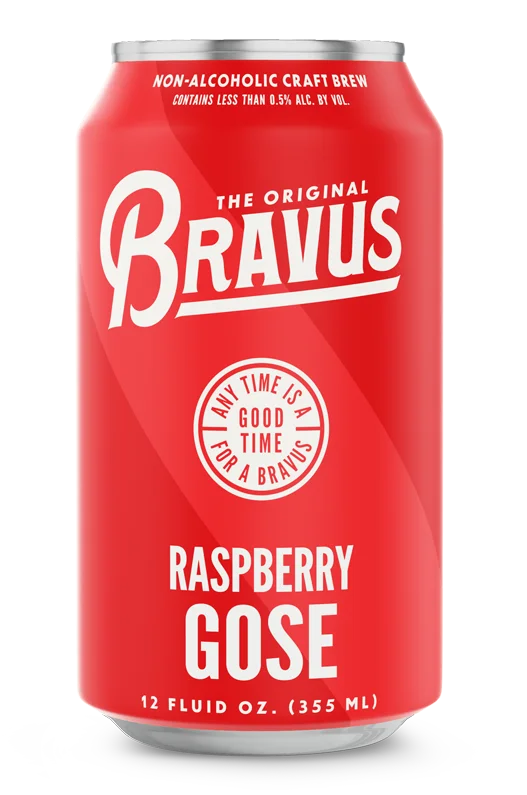 Bravus Raspberry Gose non-alcoholic beer with a vibrant pink hue and refreshing raspberry tartness, featuring a subtle balance of pink salt
