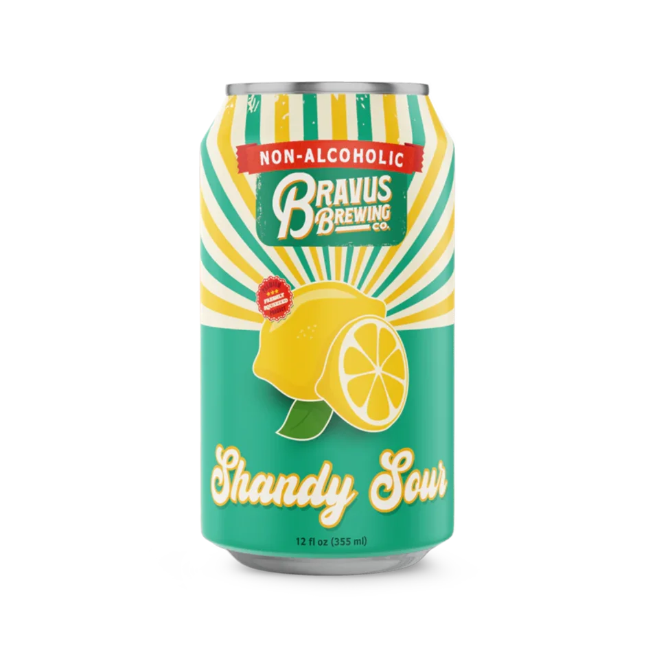 Bravus Brewing Shandy Sour non-alcoholic beer featuring bold Meyer lemon tang and sour beer refreshment on a plain background