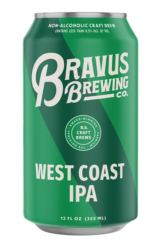 Bravus Brewing West Coast IPA non-alcoholic beer with medium straw color and hop-forward citrus and pine notes on plain background