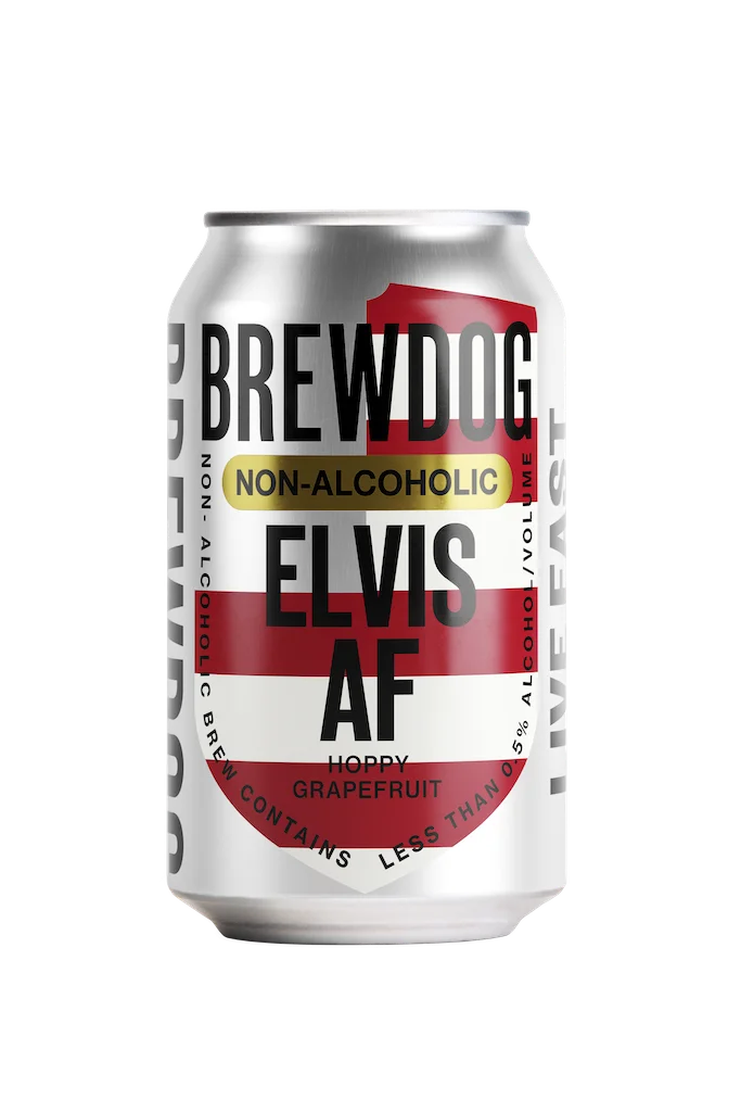Elvis AF non-alcoholic beer by BrewDog featuring hoppy grapefruit and citrus flavors in a smooth, orange-golden liquid against a plain background.