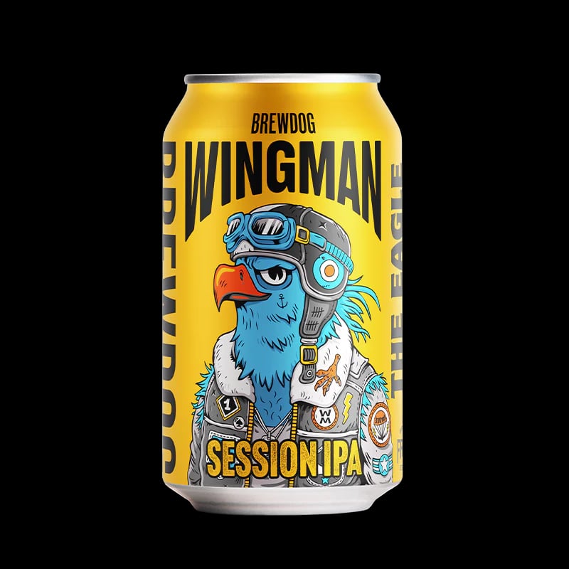BrewDog Wingman Session IPA non-alcoholic beer featuring tropical fruit notes and refreshing hoppy bitterness against a plain background
