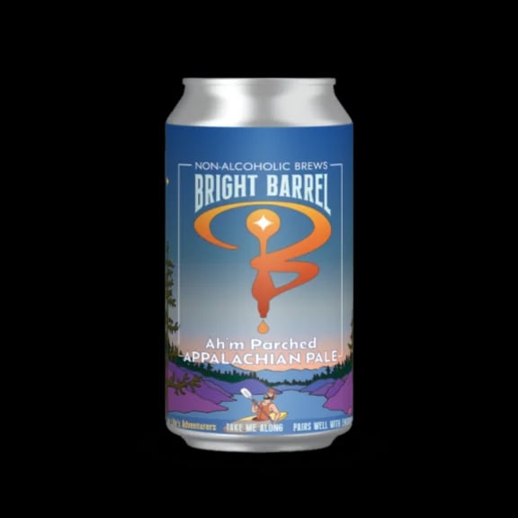 Bright Barrel Appalachian Pale non-alcoholic beer featuring hazy golden color and a blend of Chinook and Azacca hops for rich tropical and citrus notes
