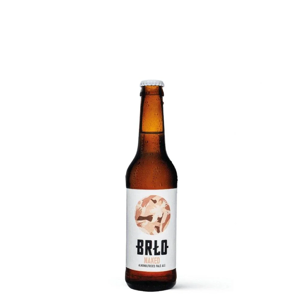 BRLO Naked Alkoholfrei non-alcoholic pale ale featuring a cloudy golden hue and fresh malt aroma with citrus and herbal hints