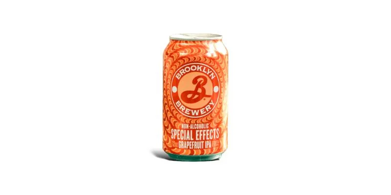 Brooklyn Special Effects Grapefruit IPA non-alcoholic beer featuring zesty grapefruit flavor and a bright hop aroma on a plain background