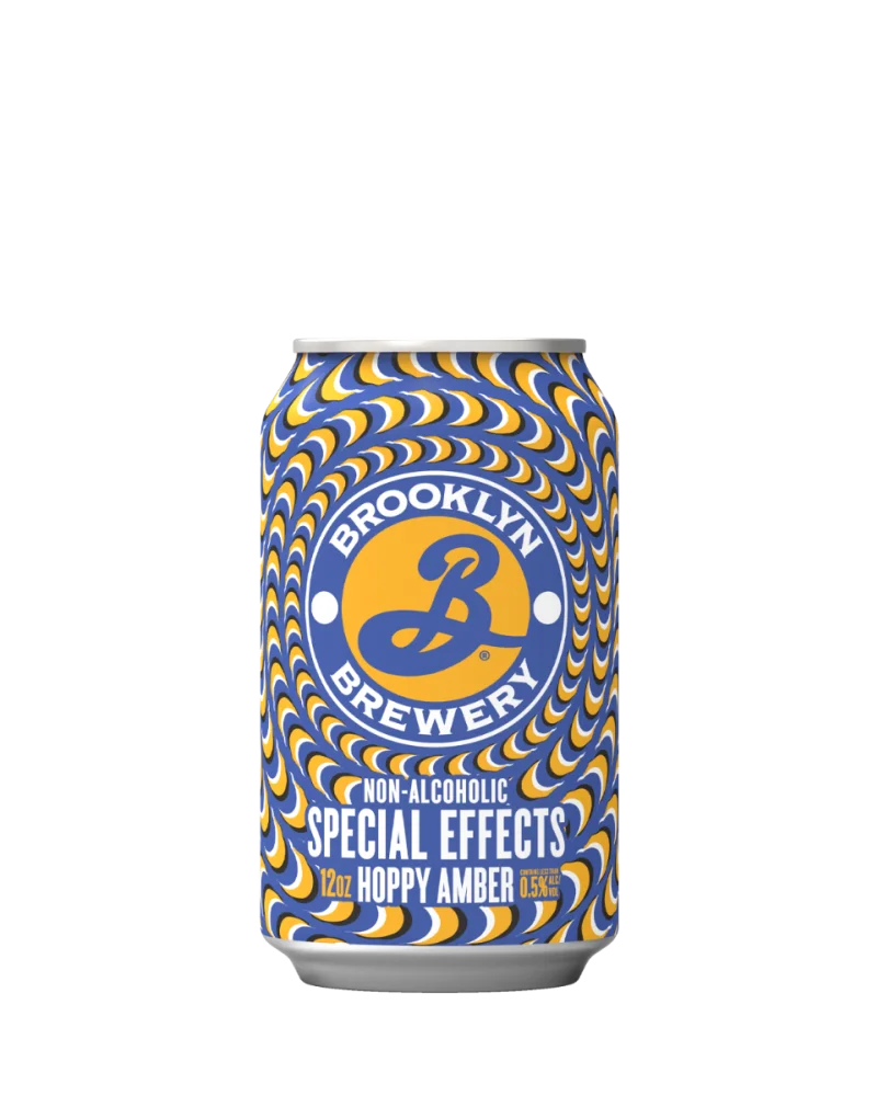 Brooklyn Brewery Special Effects Hoppy Amber Lager non-alcoholic beer featuring lively hop notes and rich amber color against a plain background