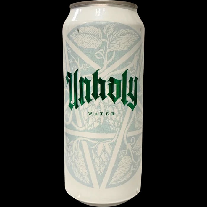 Unholy Water by Brujos Brewing, a non-alcoholic hop water featuring a blend of Motueka, Citra, and Mosaic hops with a light and refreshing profile