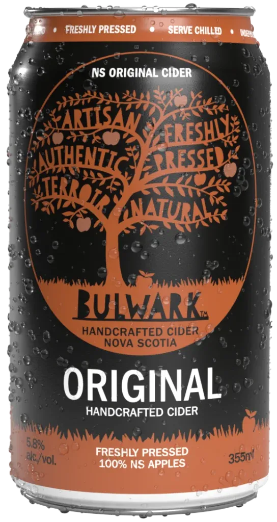 Bulwark Original Non-Alcoholic Cider featuring a five-apple blend with crisp, sweet undertones and a natural crafted fermentation process