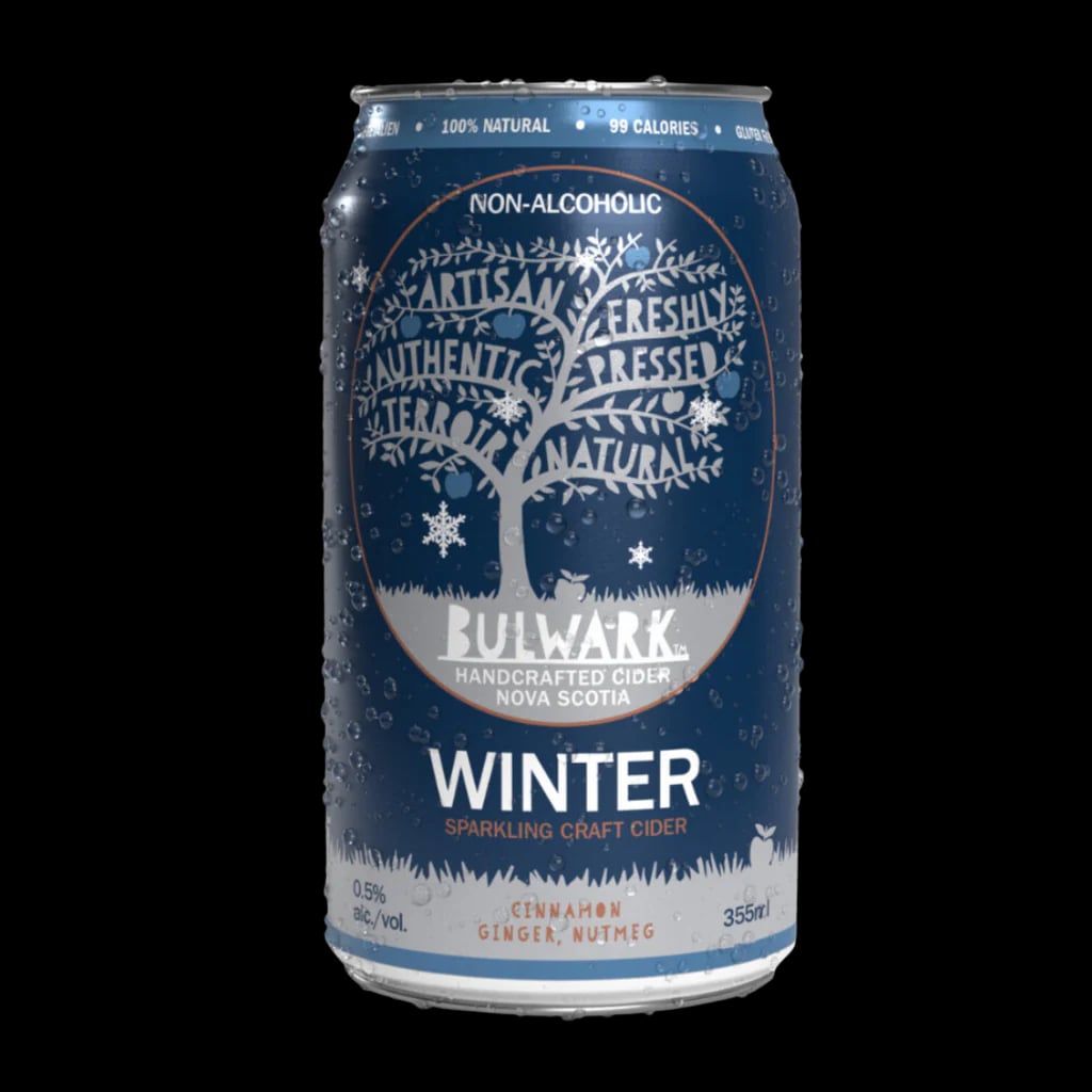 Bulwark Winter non-alcoholic cider featuring a refreshing blend of Annapolis Valley apples and natural winter spices in a sparkling style
