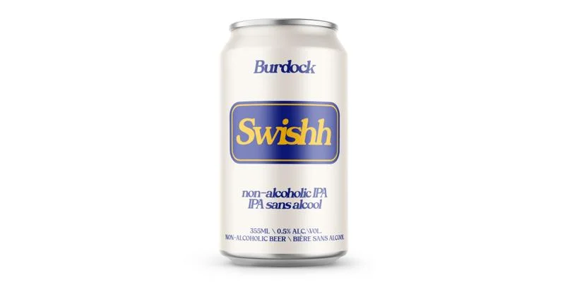 Burdock Brewery Swishh IPA non-alcoholic beer featuring hoppy, juicy, and medium-bodied flavors with a crisp tropical citrus finish