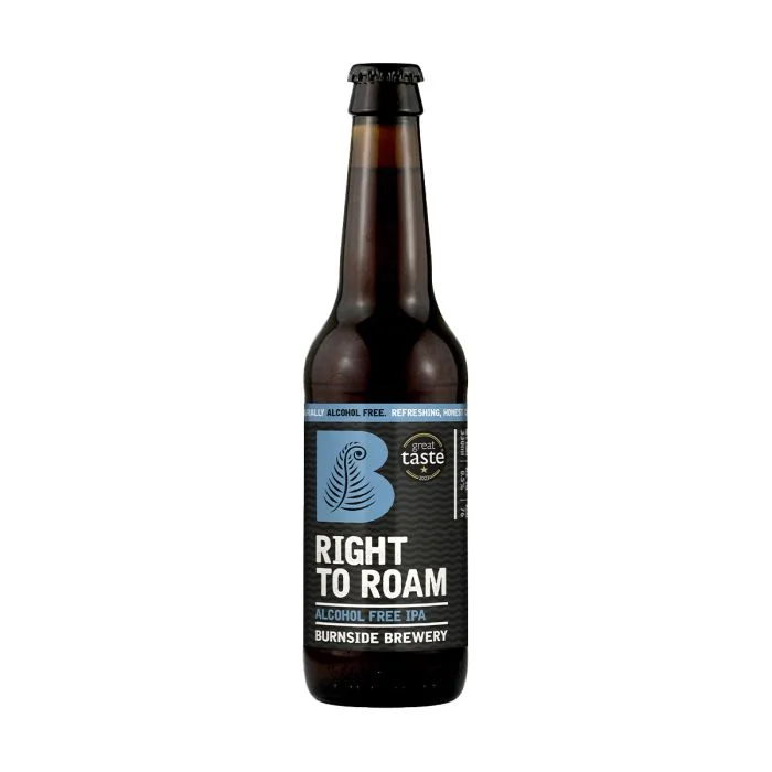 Right To Roam non-alcoholic IPA by Burnside Brewery featuring Scottish malt and mountain water, crafted with special yeast for low alcohol