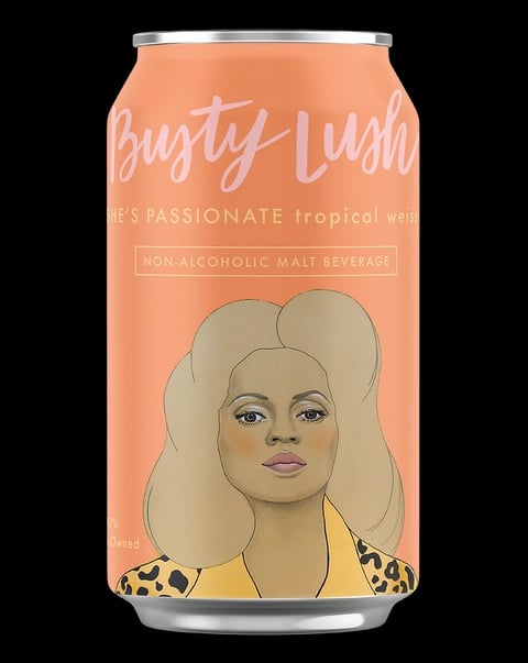 She's Passionate Tropical Weisse non-alcoholic beer featuring bright tart tropical fruit flavors and vibrant branding against plain background