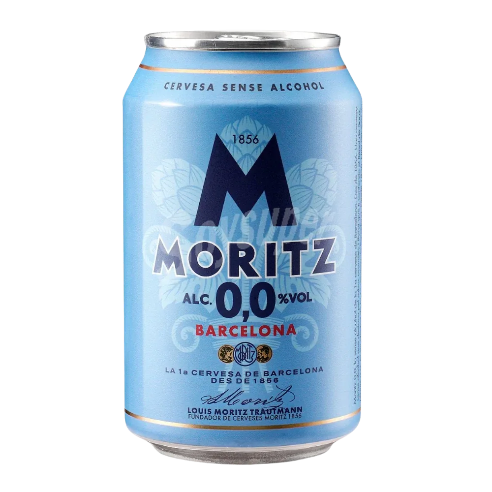 Aigua de Moritz non-alcoholic beer featuring a refreshing, light lager brewed with natural mineral water from the Montseny mountains and zero alcohol