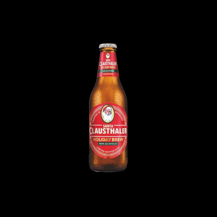 Clausthaler Santa non-alcoholic beer with cranberry-cinnamon flavor and festive holiday label featuring a Santa headshot