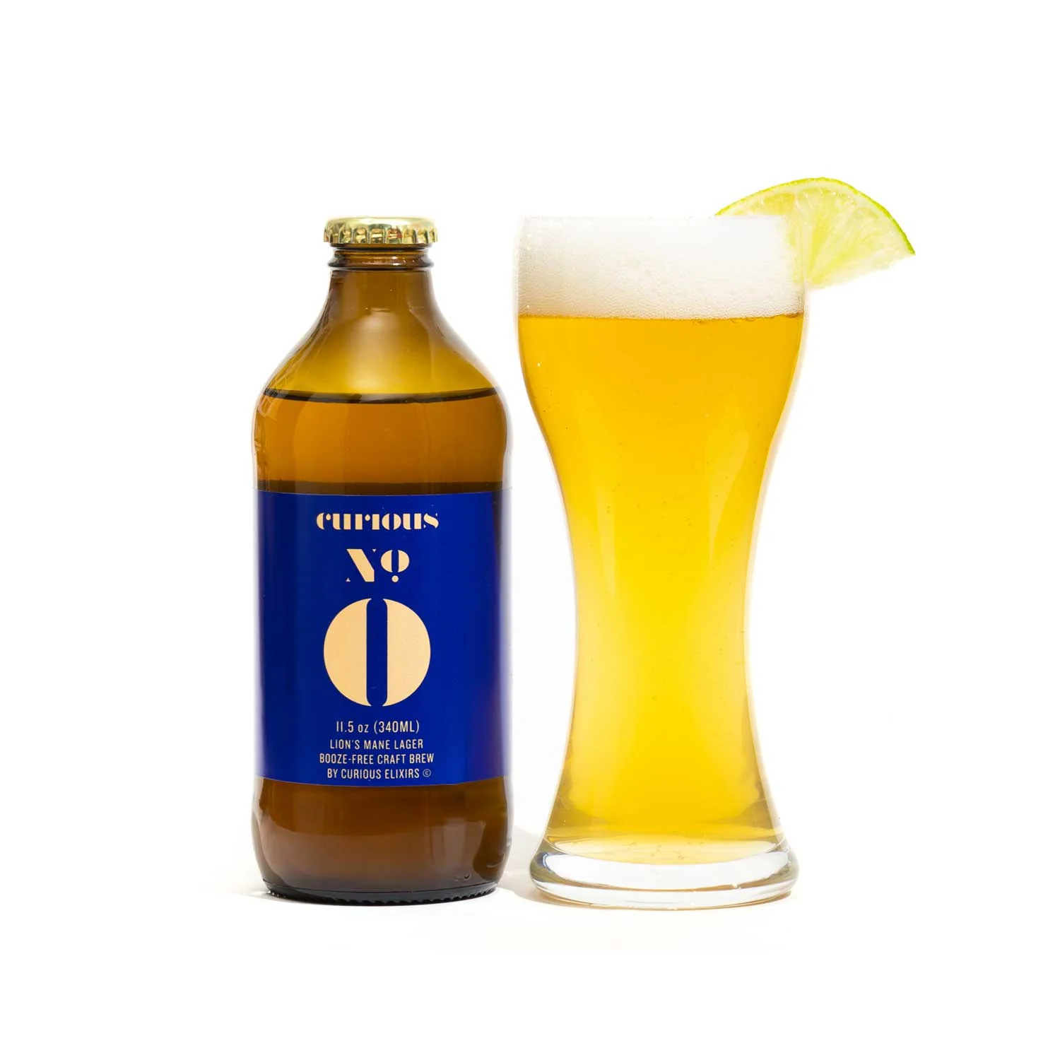 Curious Elixir No. 0 Lion's Mane Lager features functional ingredients including maca root and lion's mane in a smooth non-alcoholic beer style