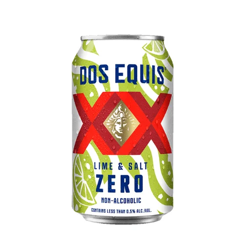 Refreshing Dos Equis Lime and Salt Zero non-alcoholic beer with crisp lime and salt flavor against plain background
