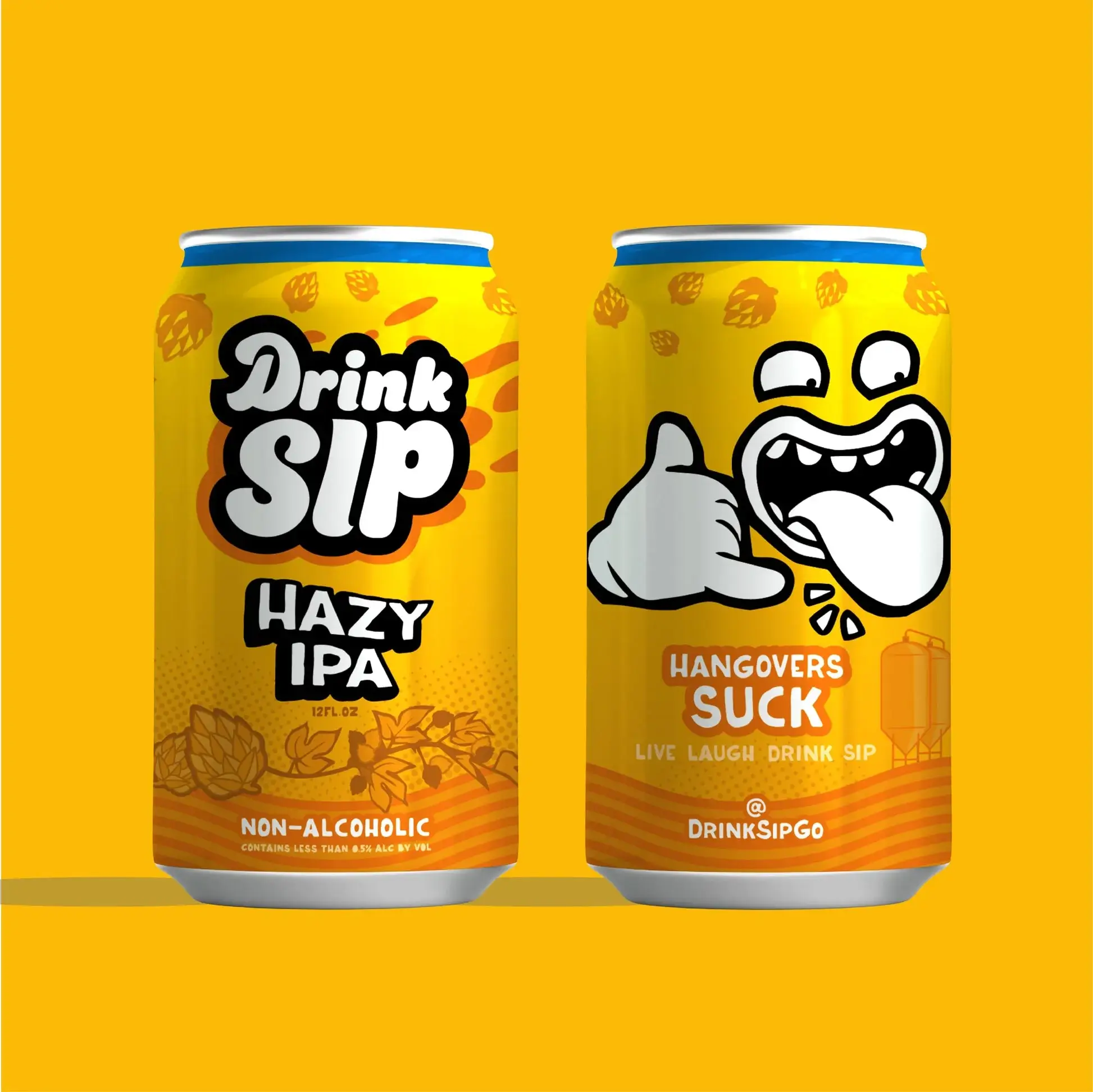 Drink Sip Hazy IPA non-alcoholic beer with light golden haze and tropical mango and pineapple notes against a plain background
