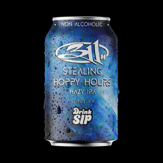 Stealing Hoppy Hours Hazy IPA, a collaboration between 311 and DrinkSip, presented in a sleek design.