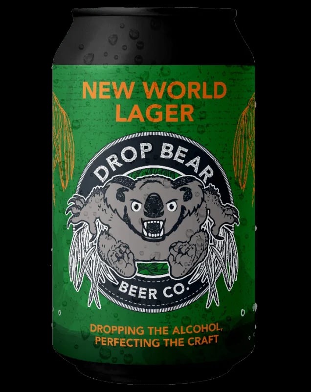 Drop Bear Beer Co New World Lager non-alcoholic craft beer featuring fruity hop flavors and smooth malt notes